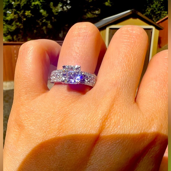 Brand New Moissanite Asscher Cut 2CT Ring 18K White Gold Plated Sterling Silver - Picture 1 of 16
